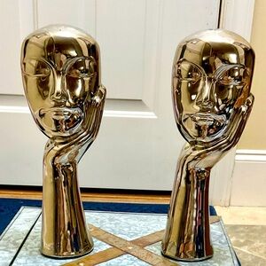 Set of 2 silver ceramic house sculptures